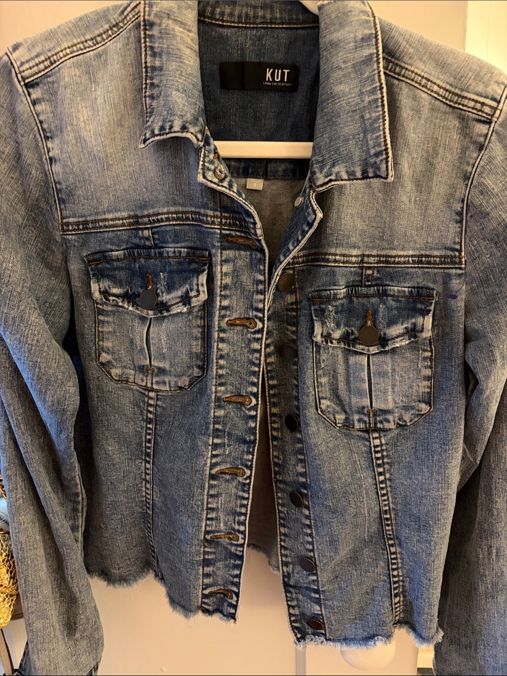 Kut from the Kloth Light Wash Blue Denim Jacket with Raw Hem sz S